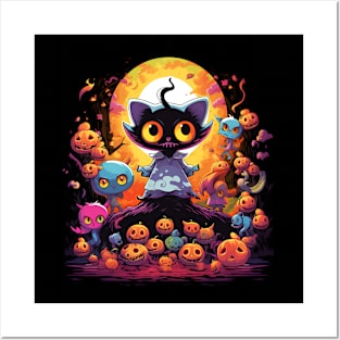 Neo-Pop Enchantment: Halloween Cat Amidst Whimsical Mushrooms Posters and Art